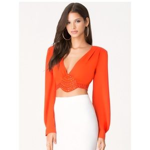 Bebe V Neck Beaded Crop Top in Black long sleeve